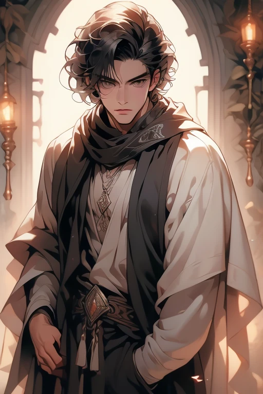 male, adult, black silky hair, grey eyes, beautiful face, handsome, tattoos, court wizard, hooded scarf, robes and trousers, rogue mage, medieval fantasy, embarrassed