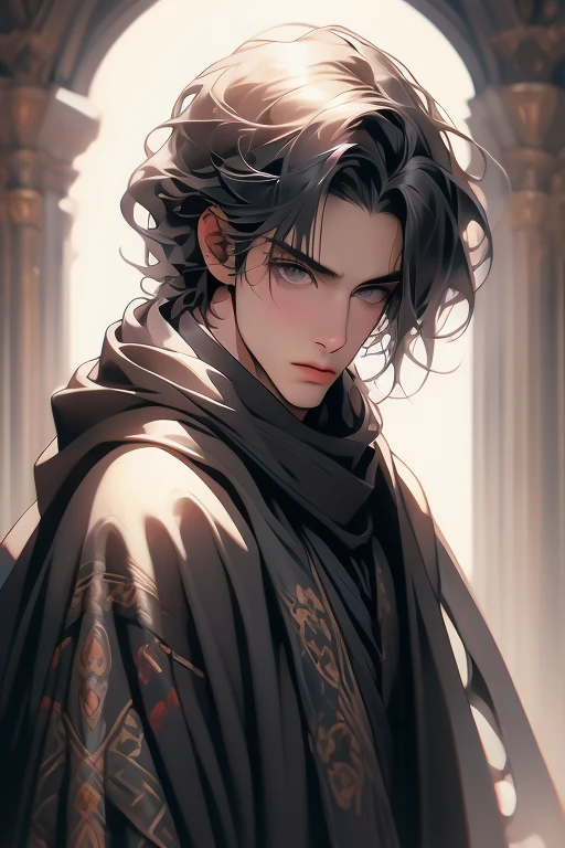 male, adult, black silky hair, grey eyes, beautiful face, handsome, tattoos, court wizard, hooded scarf, robes and trousers, rogue mage, medieval fantasy, embarrassed