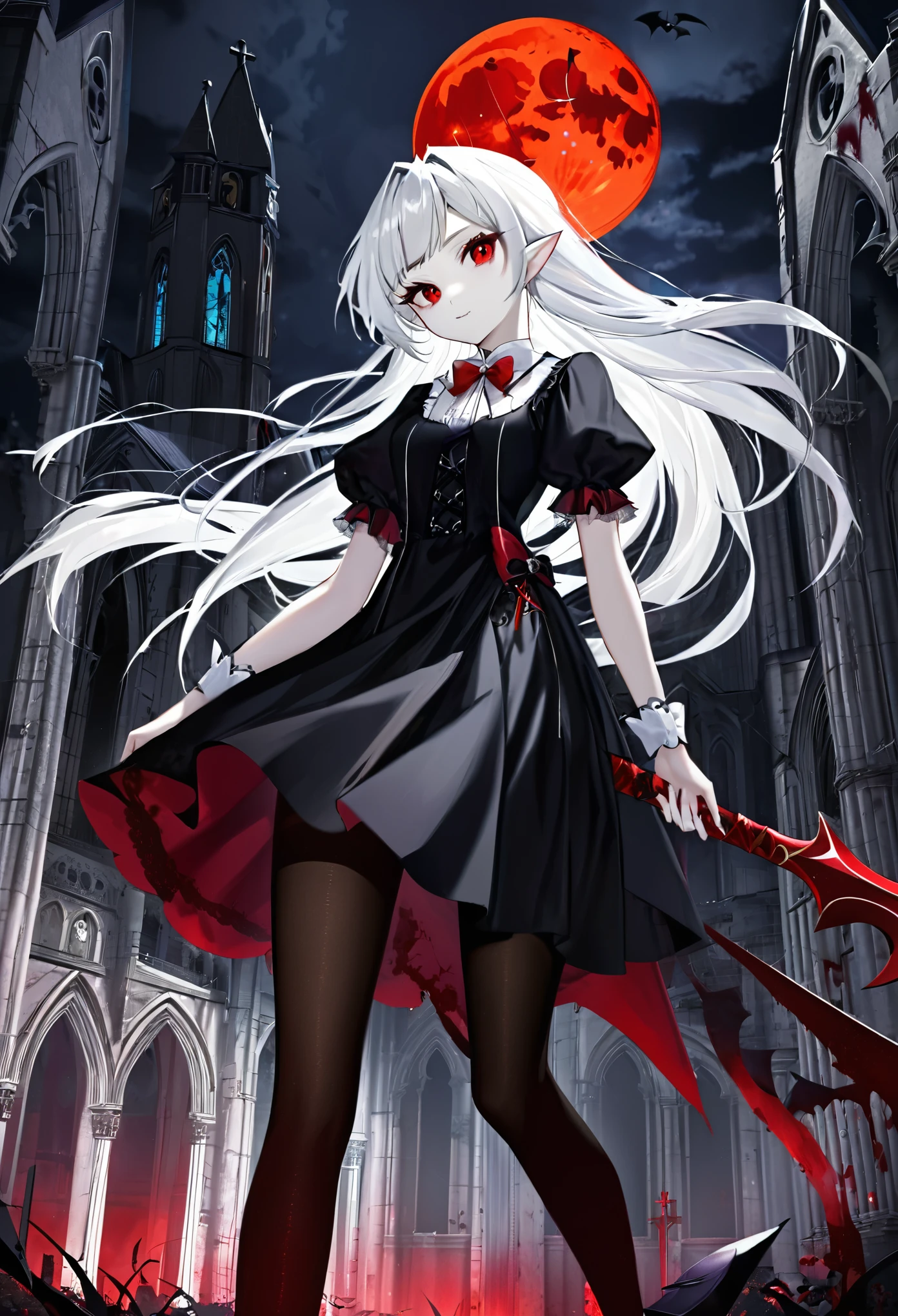 1 teenager girl, vampire, elf, young, black gothic dress, black tights, red eyes, white hair with bow, red scythe, scythe, against the backdrop of the red moon, abandoned gothic church, night, looking at viewer, majestic pose, dark, blood, 8k, masterpiece, high res, ultrasharp.