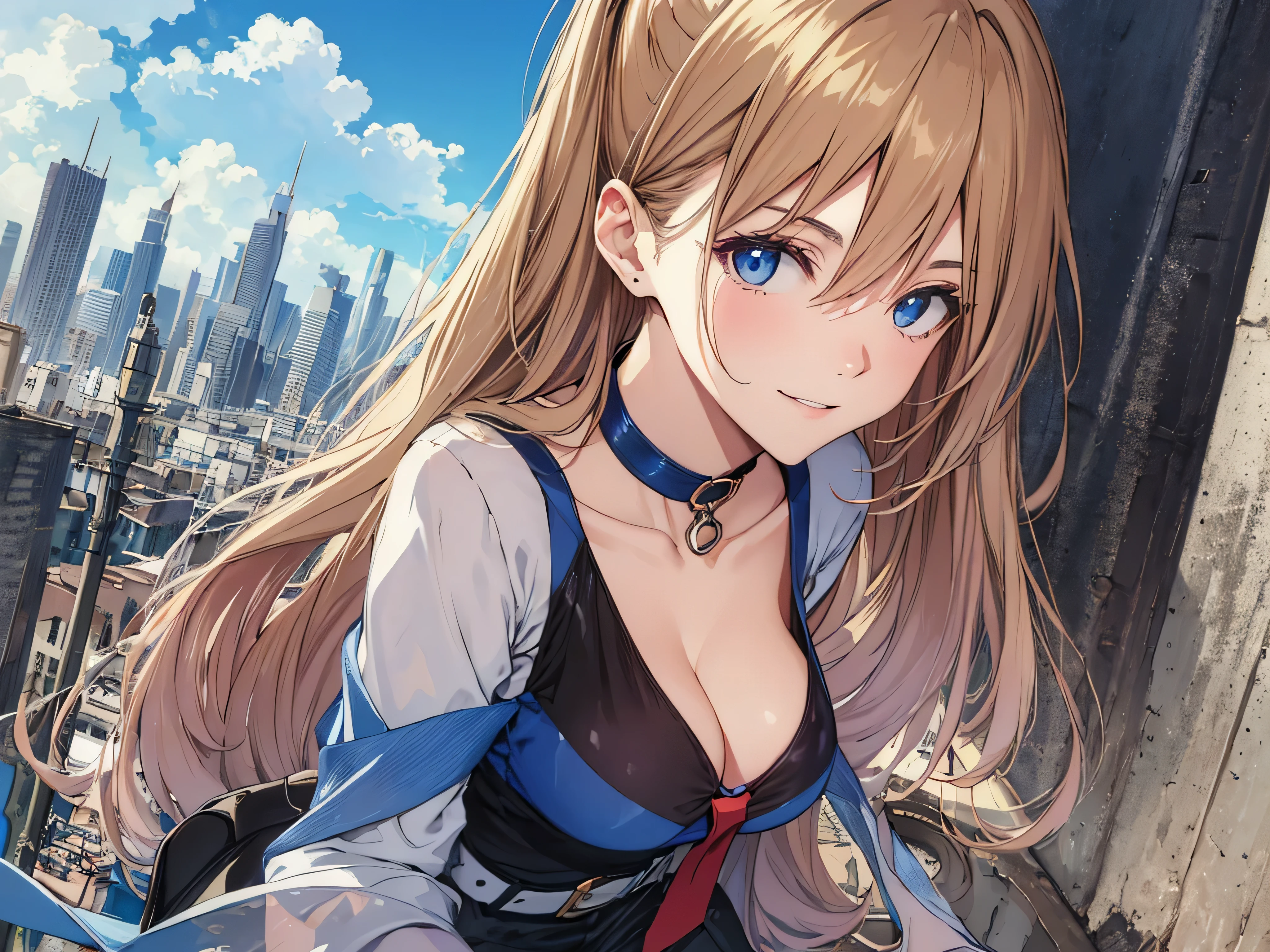 soles, masterpiece, 1 person, solo,Asuka Langley, hair inhalation, face up, blue sky, glow white particle, (sidelighting:1.2), sun rise , pink cloud, detailed clouds, slender, Lovely small exposed breasts, super cute smile with teeth, red cheek, blushing, beautiful hair, deep shiny blue eyes, cute girly pause, Draw breasts inward and push them up, cleavage, choker, pink see-through blouse , blue tie, blue red with naughty white frills , white belt, on the roof of building, super detailed beautiful city view background, wide shot,