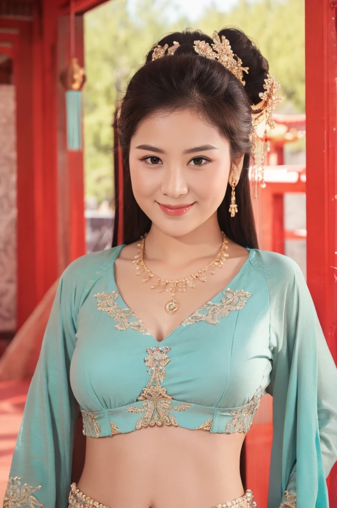 best quality, 8k, very delicate and beautiful, highly detailed face and skin texture, shiny skin, high resolution, huge tits sexy chinese girl in colorfull costume stand and smile in ancient temple, sharp focus