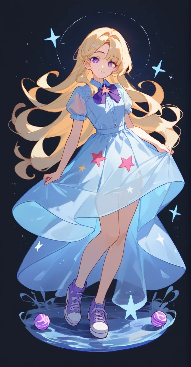 (slime girl:0.6),full_body,((translucent_skin)),(((light blue transparent skin)))Teen girl with long blonde hair and purple eyes with a purple lollipop and a pastel purple and white dress with black buckled shoes smiling and standing onna purple star (masterpiece, best quality),(score_9,score_8_up,score_7_up,score_6_up,score_5_up,score_4_up)