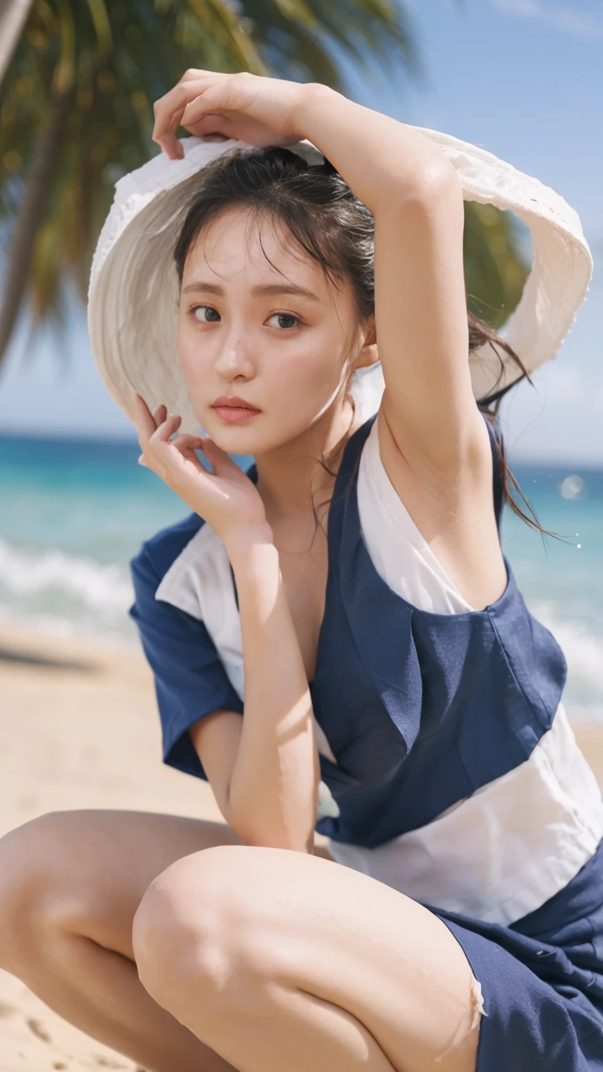 (((Top-down configuration:1.33)))、((No underwear:1.55))、One Girl、Beautiful and detailed eyes and face、barefoot、20 year old cute Japan woman, ((Extremely precise and accurate anatomy:1.0)), (photo Realistic:1.4), (hyper Realistic:1.4), (最高品質のRealisticな肌の質感:1.4), (Improvement of quality:1.4), (Enhances the beauty of skin texture:1.1), Clean and glowing skin, mesh, thin:1.2, (Realistic:1.3), Realisticなライティング, (Smoother lighting:1.05), (Improving the quality of cinema lighting:0.9), Backlight, A gentle light on your face, Ray Tracing, (Bright light:1.2), 32k, One Japanese woman, fine grain, Detailed face, (Film Grain:1.1),(Accentuates body lines:1.1), High resolution, Natural look, Kind eyes, Improves hair quality, Delicate light and shadow, Transparent muscles, Graceful pose, Beautiful Eyes, Sharp details, Soft light reflection, Beautiful contours, Delicate skin tone, Fine hair texture, Natural background, (((sunny day、Beach、A strong wind is blowing、Her hair and skirt are flying、Squat, Traditional navy blue sailor uniform、Open shirt、Pleated skirt、Scooping seawater with hands:1.25、splash、Sandy Beach、Light of the sun、clear blue sea、The waves crash quietly、Blue sky and white clouds、green mountain々、Beautiful Nature、The joys of youth)))、