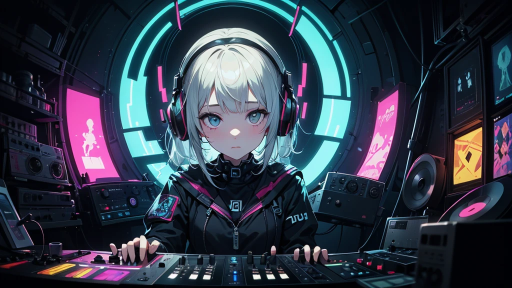 A close-up portrait of a charming albino girl, a DJ in the style of Anna Dittman, by Jeremy Mann, dressed in futuristic attire. The painting is executed in the manner of Gustave Moreau, with a resolution of 32 pixels. The girl is standing at the DJ console, wearing headphones, and is dancing to music. The background features a wall covered in graffiti and neon core, with colors that glow in the darkness, reminiscent of the Glowwave style. Aesthetically, the painting is reminiscent of vintage style.