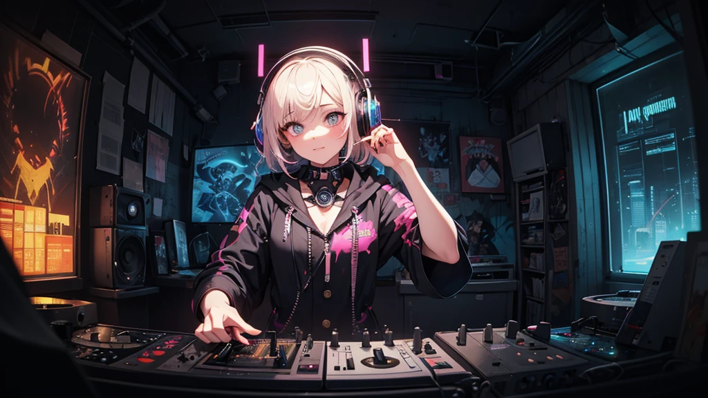 A close-up portrait of a charming albino girl, a DJ  in the style of Anna Dittman, by Jeremy Mann, dressed in futuristic attire. The painting is executed in the manner of Gustave Moreau, with a resolution of 32 pixels. The girl is standing at the DJ console, wearing headphones, and is dancing to music. The background features a wall covered in graffiti and neon core, with colors that glow in the darkness, reminiscent of the Glowwave style. Aesthetically, the painting is reminiscent of vintage style.