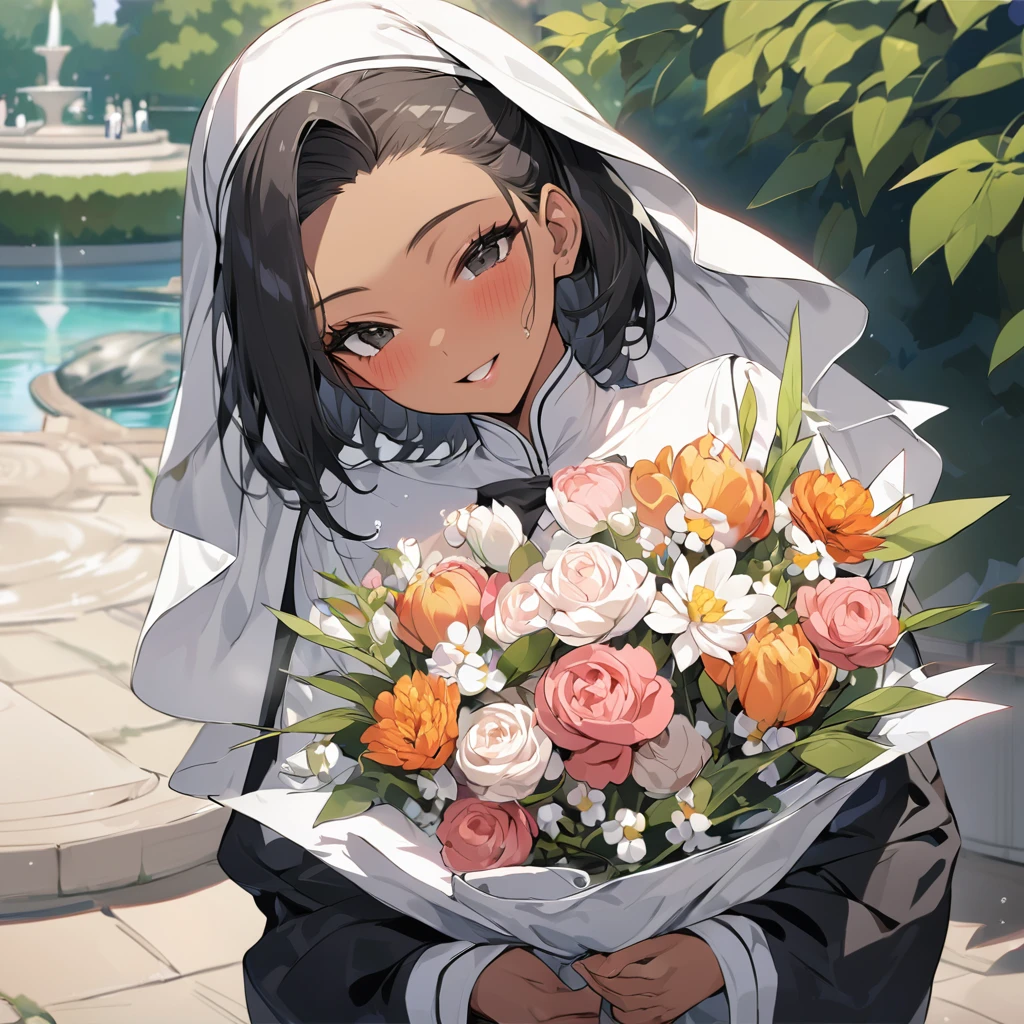 (anime style),masterpiece, best quality, extremely detailed,18Year old,tanned skin,dark skin, Beautiful body,middle breasts,BREAK,multicolored colorful black hair,short hair,hair slicked back,for head,BREAK,black eyes,best smile,open mouth,mouth on water,detailed lips,BREAK,cotton black big ribbon,BREAK,nun uniform,,break,head tilt,in the park,fountains,huging2girl,having bouquet