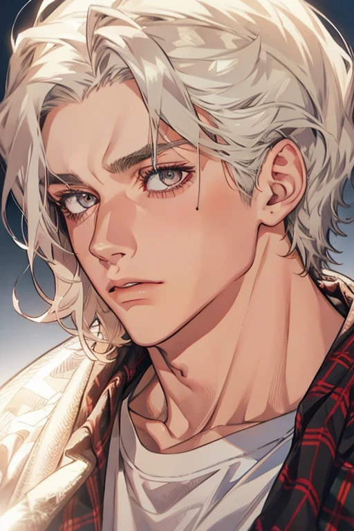 (1 man),close up shot, very long white hair, muscular, flannel shirt, farm background