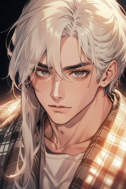 (1 man),close up shot, very long white hair, muscular, flannel shirt, farm background 