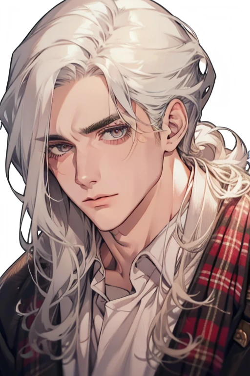 (1 man),close up shot, very long white hair, muscular, flannel shirt, farm background 