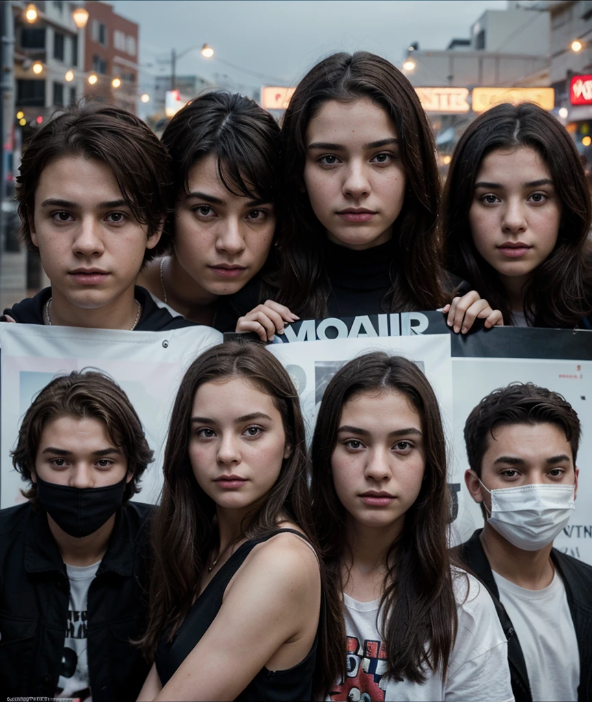 Create a poster for a movie with four teenagers, two girls and two boys., a 40-year-old man with a white mask and a night background