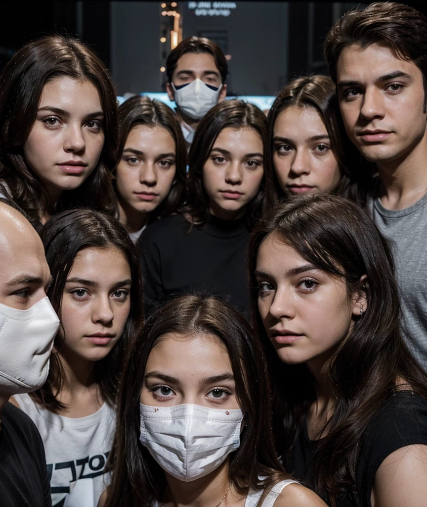 Create a poster for a movie with four agers, two girls and two boys., a 40-year-old man with a white mask and a night background