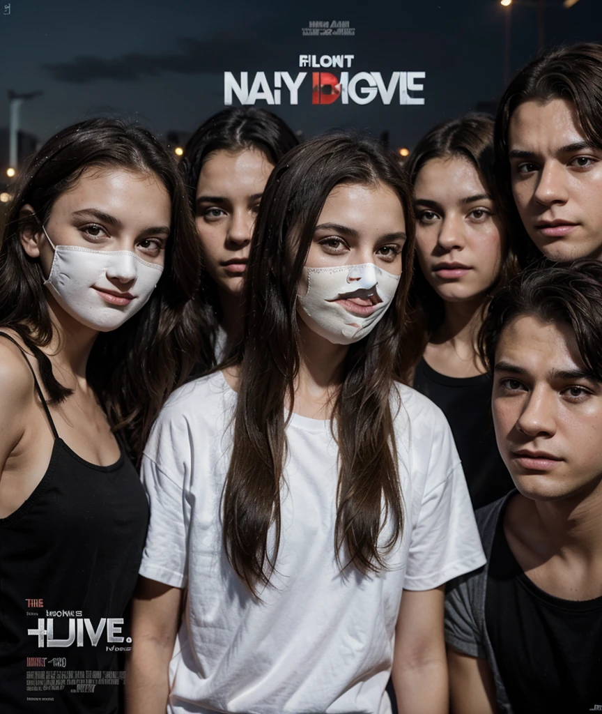 Create a poster for a movie with four agers, two girls and two boys., a 40-year-old man with a white mask and a night background