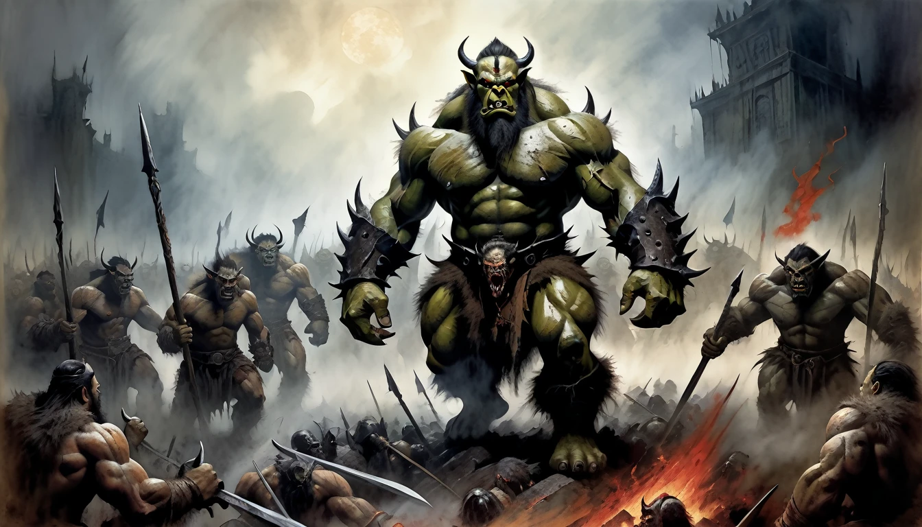 a 10 foot giant, sinister bodybuilder Orc King, hyperrealistic, hideous and dreadful gigantic creature, leading a shadowy attack group, weapons raised, stark warpaint, watercolor, jh williams iii style, arkane punk art, dirty, dark, fog , fog, high angle view, dark war battlefield, dark, dirty lighting, dirty brown color, rough fur, bristling spines, lead, flames. The images were formed in such a way as to exude fear among all who witness their presence, in the horror style of Gustave Doré and Greg Rutkowski