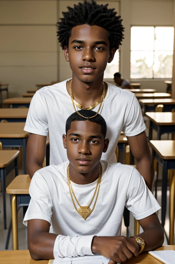 u a dark-skinned age boy in a white shirt and gold necklace sitting and explaining something at a school table inside a cartoon