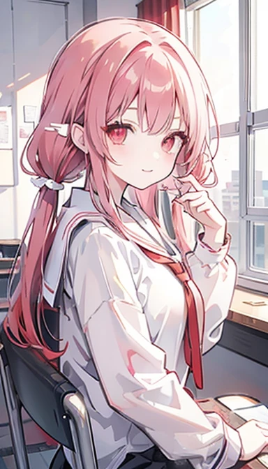White hair, twin tails, red eyes, girl, , smile, red hair tie, classroom