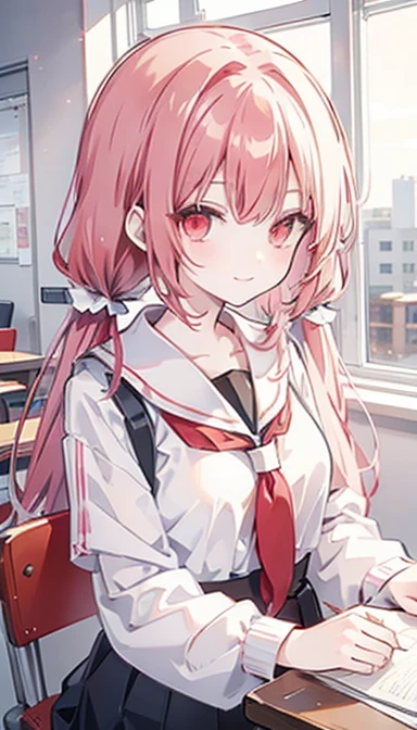 White hair, twin tails, red eyes, girl, , smile, red hair tie, classroom