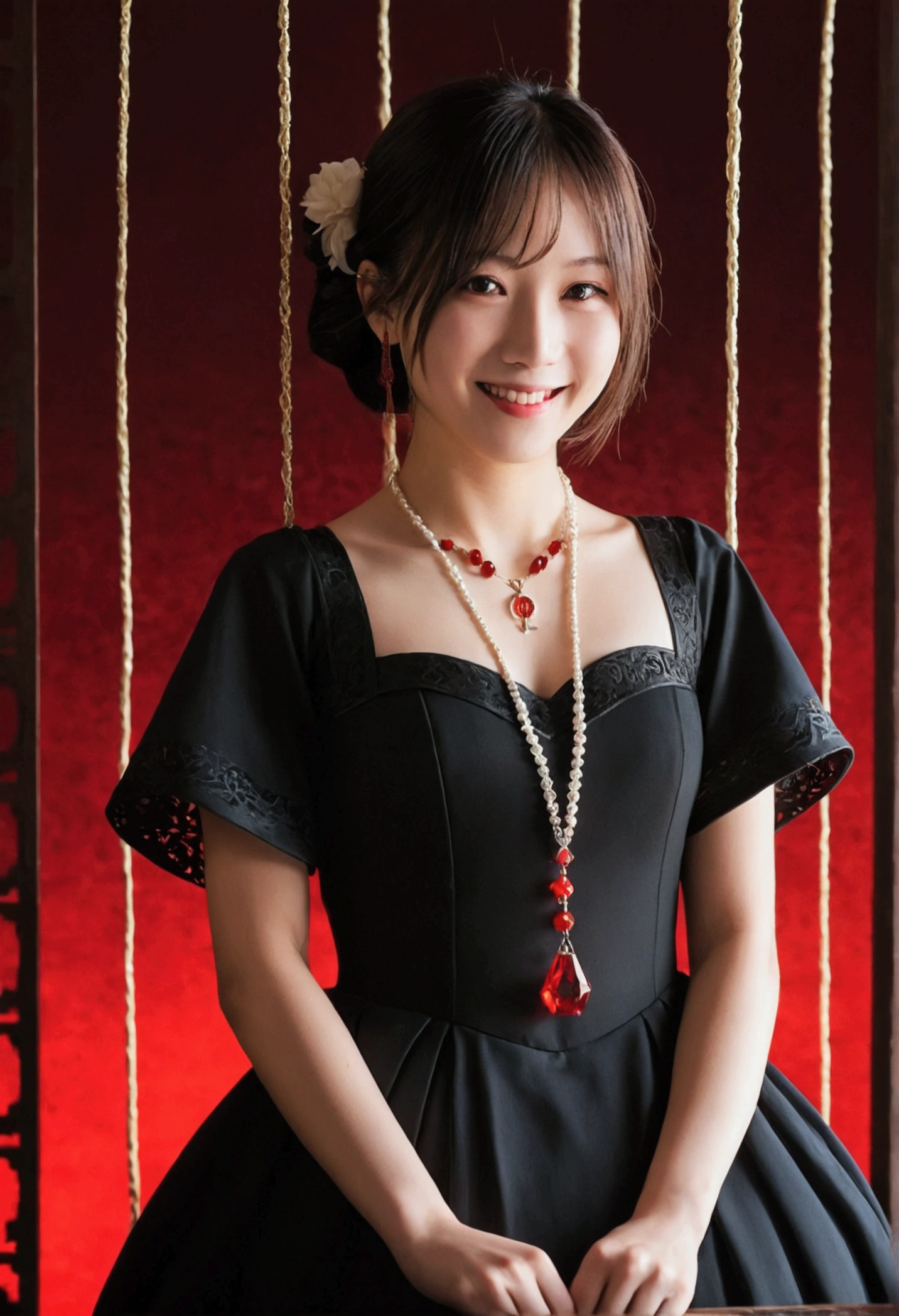 1 girl, por kayahara, SMILE, wide, dark dress, Upper part of the body,  red pendant 