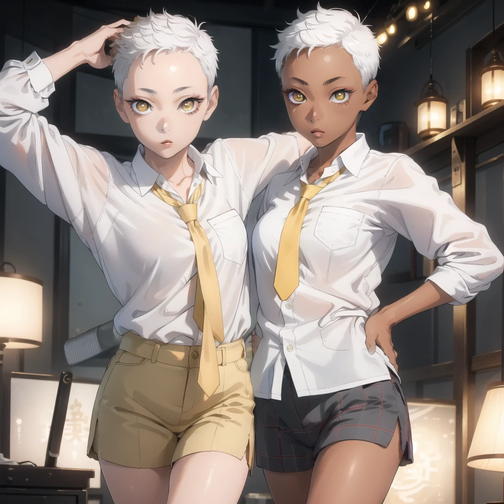 Marín kitagawa ((masterpiece, best quality)),(complex lighting),solo,1girl, medium view, white hair, yellow eyes, tomboy, very short hair, forehead ,dark skin, tan, yellow eyes,  lipstick, forest,  white shirt, necktie,