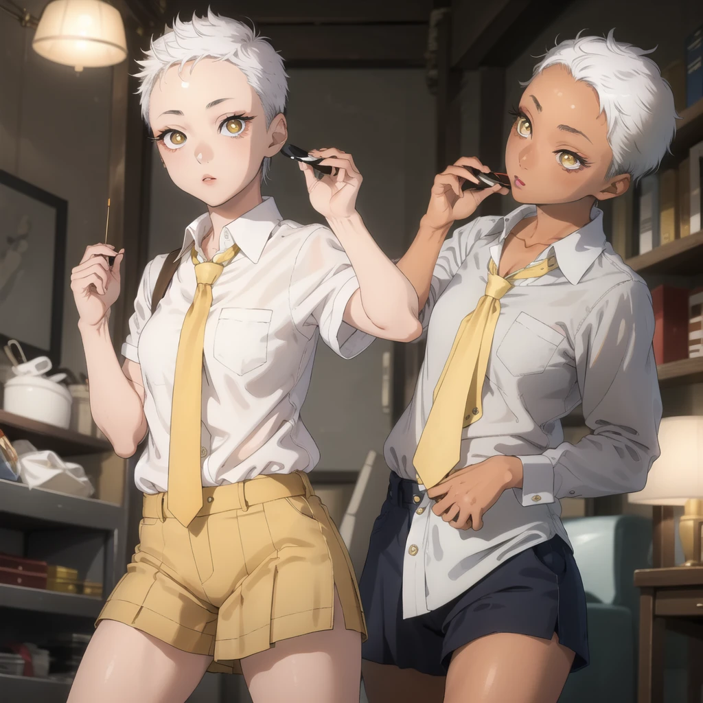 Marín kitagawa ((masterpiece, best quality)),(complex lighting),solo,1girl, medium view, white hair, yellow eyes, tomboy, very short hair, forehead ,dark skin, tan, yellow eyes,  lipstick, forest,  white shirt, necktie,