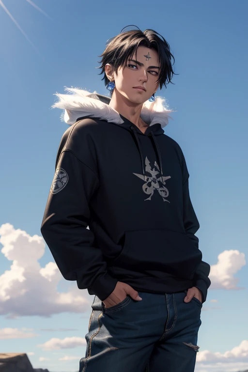 (masterpiece, Highest quality:1.2), Cowboy Shot, alone, Male Focus, One boy, Upper Body, Chrollo Lucilfer, Expressionless, Mouth closed, Put your hands in your pockets, Fur trim, Wearing a streetwear black hoodie, Dynamic Lighting, jewelry