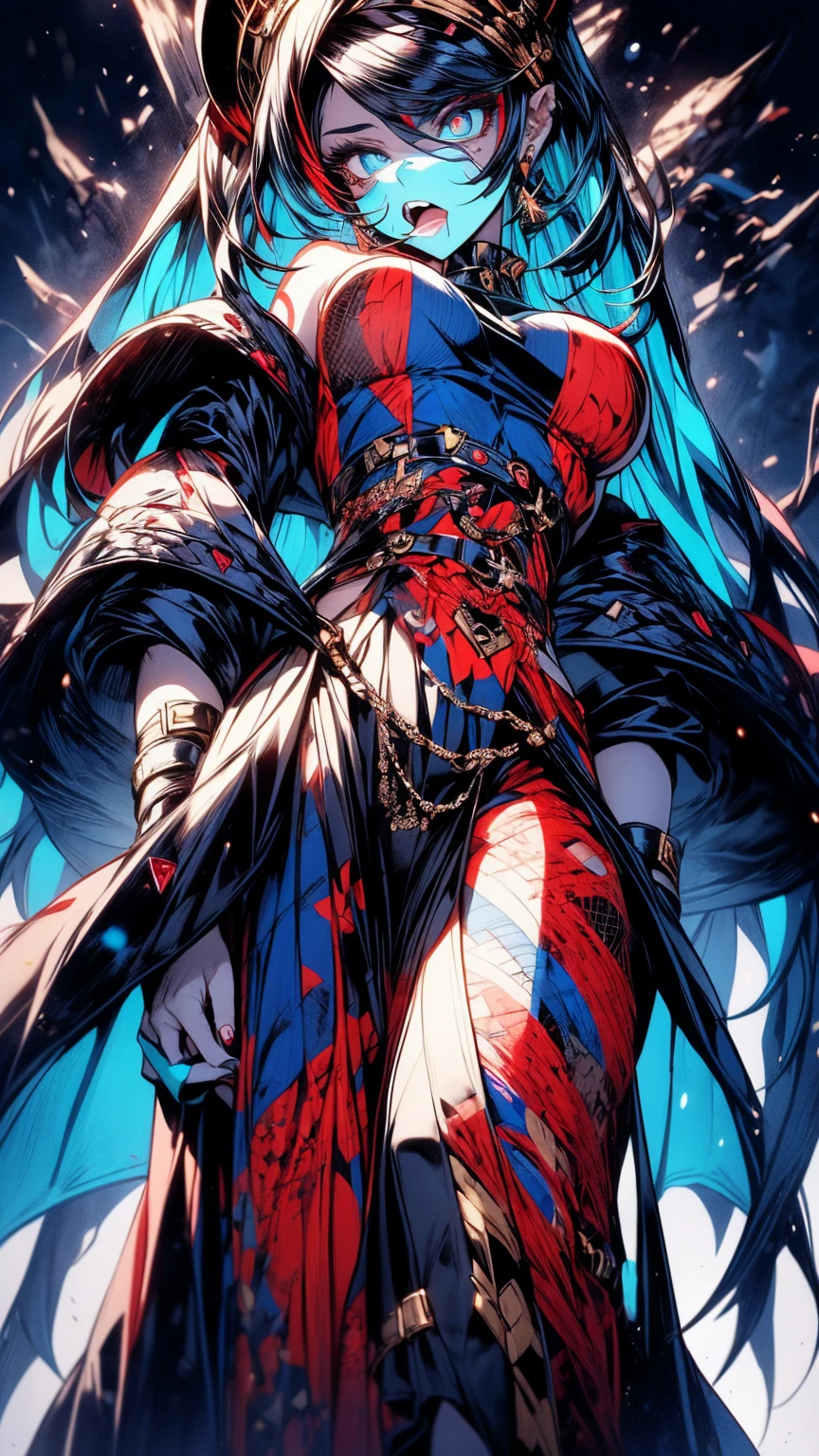 Generate a detailed image of a woman with short black hair highlighted with blue accents, having intense sky-blue eyes adorned with black makeup. Her lips are painted in a soft shade of red. She wears a semi-armor in black on her upper body, complemented by a black dress with a side slit at the lower part. Her fair skin showcases tattoos on her hip. The woman is in black heels with a scale pattern, and she wears a detailed crown featuring short black spikes. She also sports a blue cape with intricate black and golden embroidery. The scene is set in a gallery with a dark background, beautifully illuminating her figure, and she presents a slightly angry expression, posing with a mix of sexiness and regal presence.