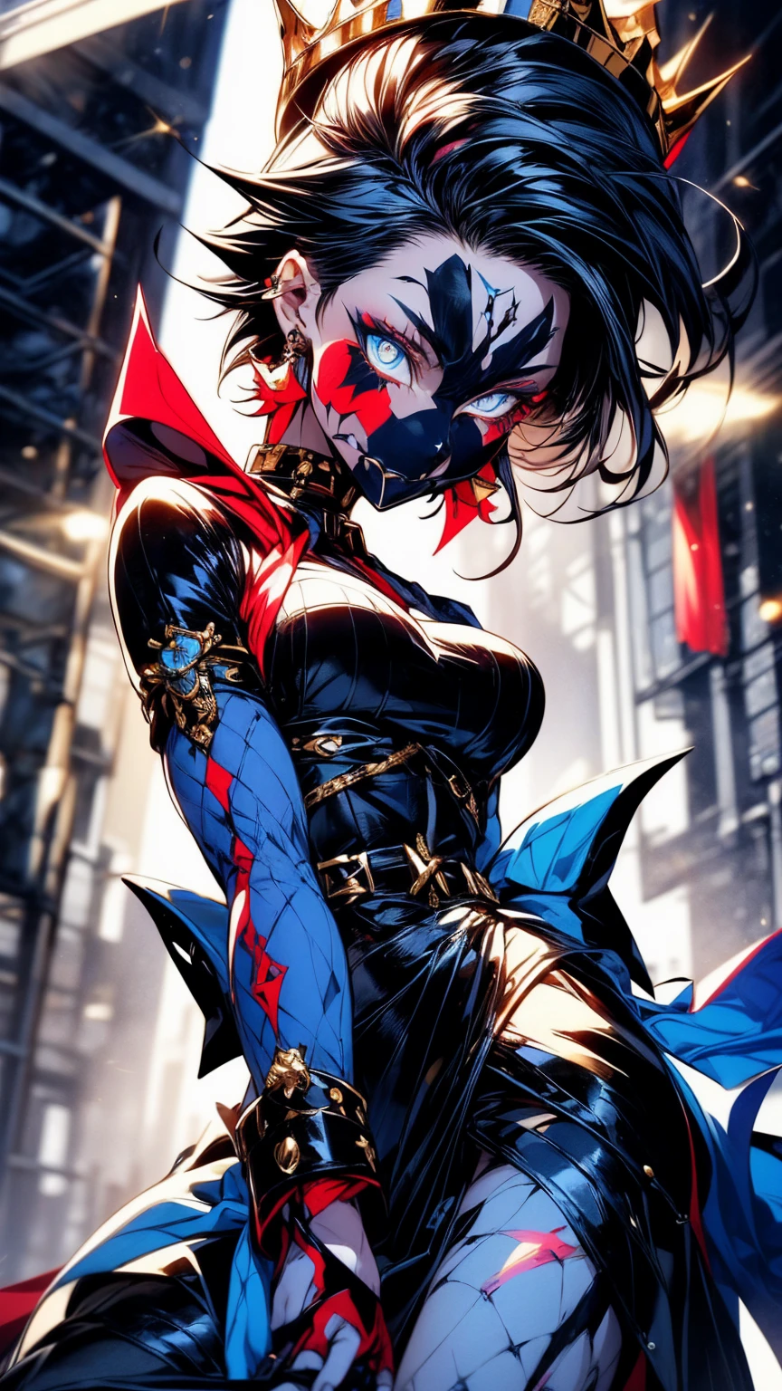 Generate a detailed image of a woman with short black hair highlighted with blue accents, having intense sky-blue eyes adorned with black makeup. Her lips are painted in a soft shade of red. She wears a semi-armor in black on her upper body, complemented by a black dress with a side slit at the lower part. Her fair skin showcases tattoos on her hip. The woman is in black heels with a scale pattern, and she wears a detailed crown featuring short black spikes. She also sports a blue cape with intricate black and golden embroidery. The scene is set in a gallery with a dark background, beautifully illuminating her figure, and she presents a slightly angry expression, posing with a mix of sexiness and regal presence.
