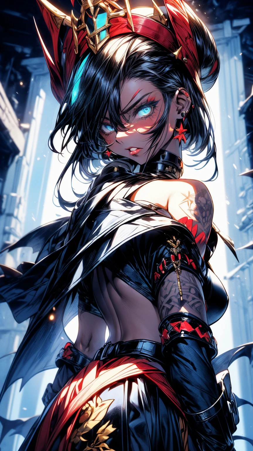 Generate a detailed image of a woman with short black hair highlighted with blue accents, having intense sky-blue eyes adorned with black makeup. Her lips are painted in a soft shade of red. She wears a semi-armor in black on her upper body, complemented by a black dress with a side slit at the lower part. Her fair skin showcases tattoos on her hip. The woman is in black heels with a scale pattern, and she wears a detailed crown featuring short black spikes. She also sports a blue cape with intricate black and golden embroidery. The scene is set in a gallery with a dark background, beautifully illuminating her figure, and she presents a slightly angry expression, posing with a mix of sexiness and regal presence.
