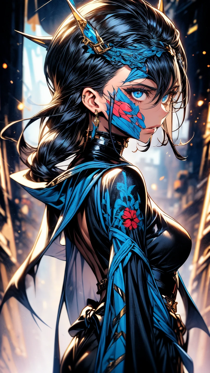 Generate a detailed image of a woman with short black hair highlighted with blue accents, having intense sky-blue eyes adorned with black makeup. Her lips are painted in a soft shade of red. She wears a semi-armor in black on her upper body, complemented by a black dress with a side slit at the lower part. Her fair skin showcases tattoos on her hip. The woman is in black heels with a scale pattern, and she wears a detailed crown featuring short black spikes. She also sports a blue cape with intricate black and golden embroidery. The scene is set in a gallery with a dark background, beautifully illuminating her figure, and she presents a slightly angry expression, posing with a mix of sexiness and regal presence.