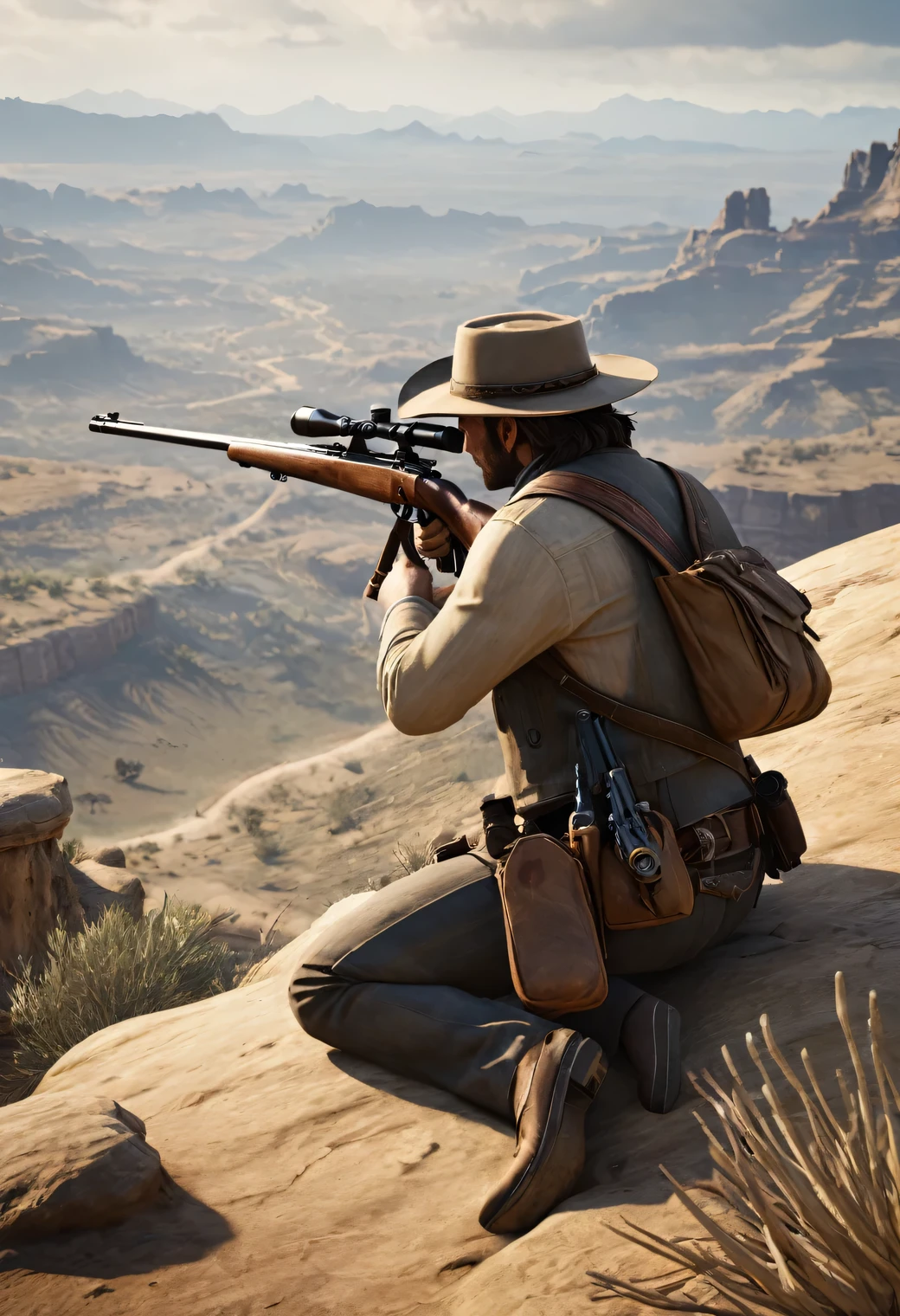 Sniper, RDR2 worldview, john marston kneeling on one knee from desert cliff top with right eye on sniper rifle scope, sniper rifle with 4x scope, western frontier, best composition, Masterpiece, Best Quality, high Detailes, intricate details, intricate detail texture, 
