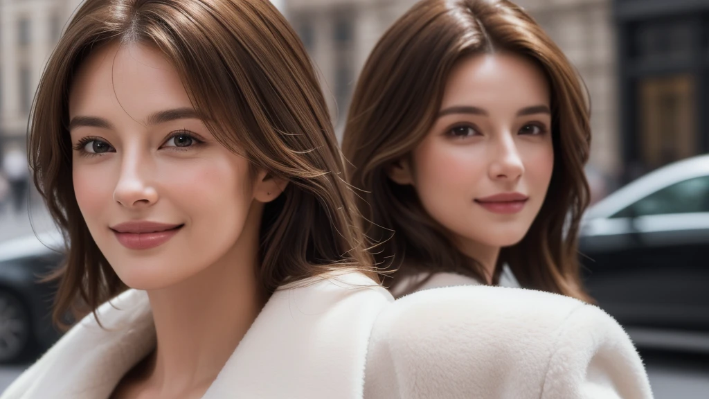 masterpiece, Best Quality, Photorealistic, Ultra-detailed, finely detailed, High resolution, 8K Wallpaper, 1 beautiful woman, light brown hair, sharp focus, Perfect dynamic composition, Beautiful detailed eyes, detailed hairs, Detailed realistic skin texture, Smiling, portrait, Model body type, Take a walk on the street of London,