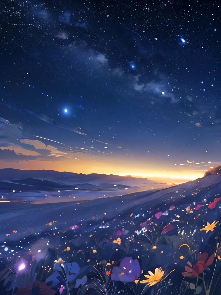 a close up of a field of flowers under a night sky, field of flowers at night, night sky full of flowers, moonlight shining on wildflowers, endless cosmos in the background, vast cosmos, blue hour stars, cosmos in the background, starry sky 8 k, view of the cosmos, sergey krasovskiy, in a cosmic field, sergey zabelin