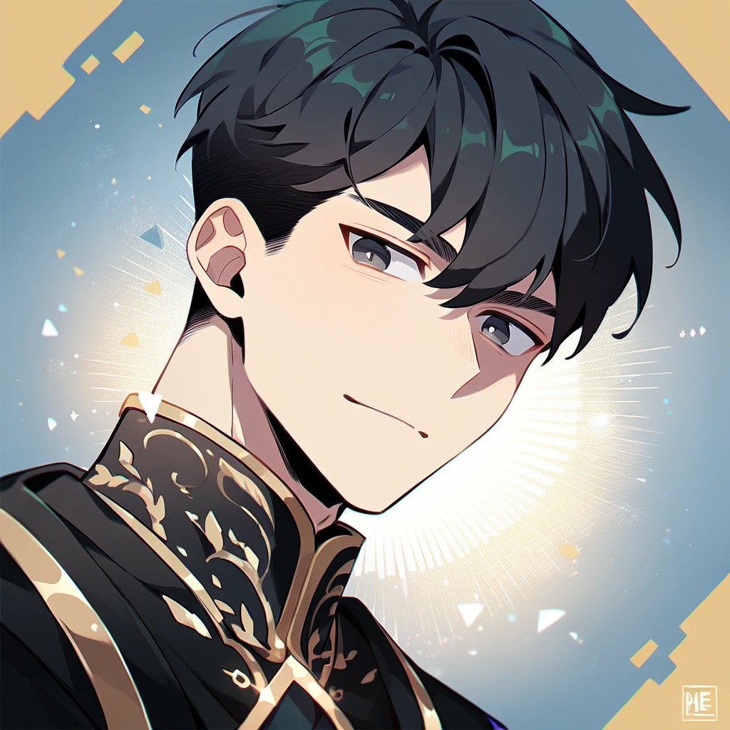 ung man, focus man , No smile, human, short hair, black hair, dark black eyes ,He wore a black robe with some gold embroidery. , Wear black jewelry , Fantasy, The best aesthetics , best quality, Amazing quality, The best aesthetics
