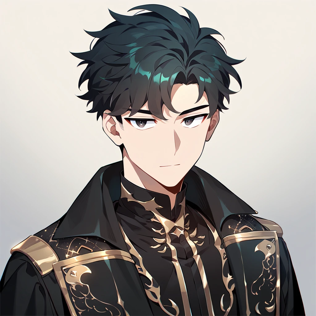 1 young man, focus man , No smile, human, short hair, black hair, dark black eyes ,He wore a black robe with some gold embroidery. , Wear black jewelry , Fantasy, The best aesthetics , best quality, Amazing quality, The best aesthetics