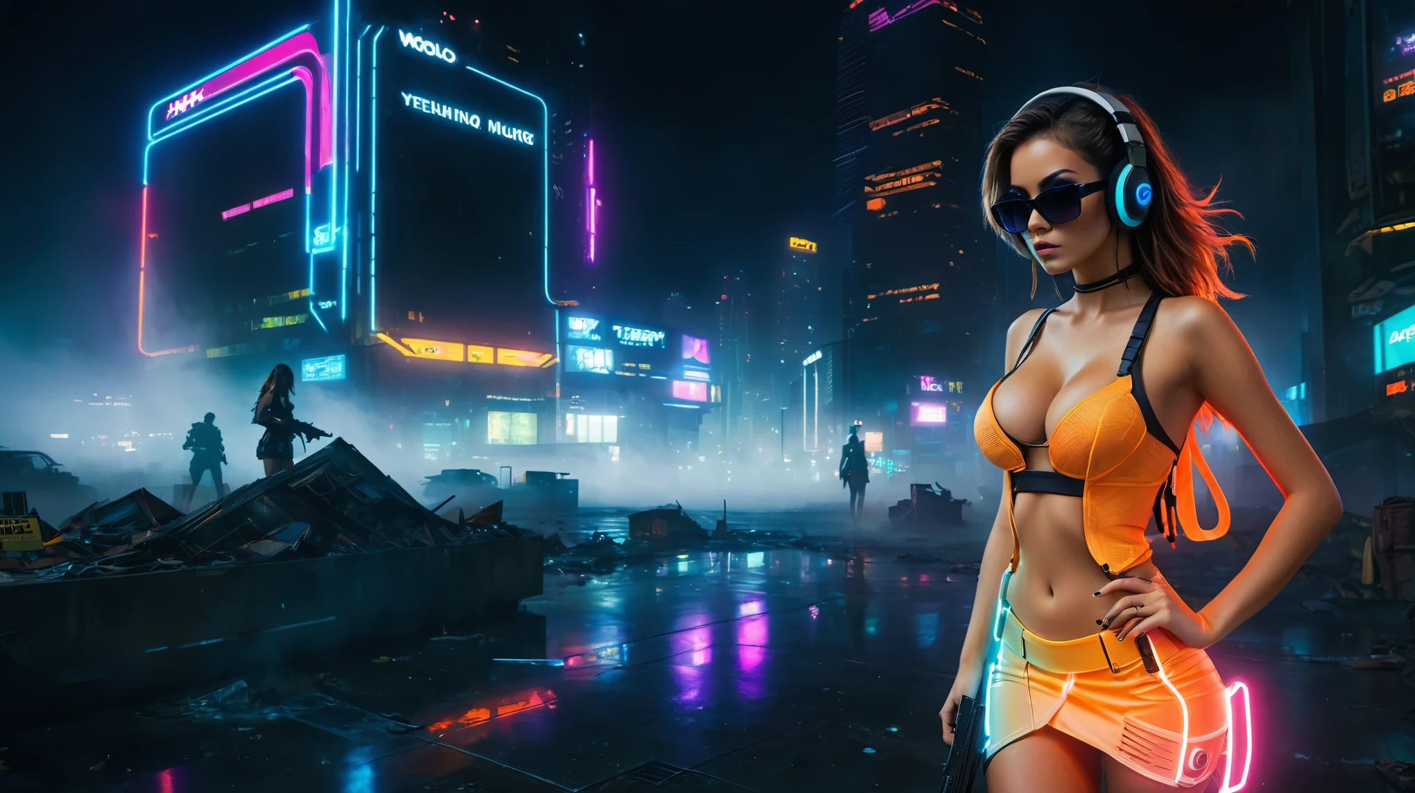 dark futuristic landscape, at night, neon lights, Atmospheric fog, large buildings in the background, futuristic city, streets with open shops, skyscraper (postapocalyptic city:1.3). (((1girl, solo, alone))), large-breast:1.2 slim body, cleavage:1.1, sexy miniskirt, (((headphone, black sunglasses, standing and holding pistol pose))), (((half-body thigh level medium shot))), cinematic lighting, lens flare, ray tracing.