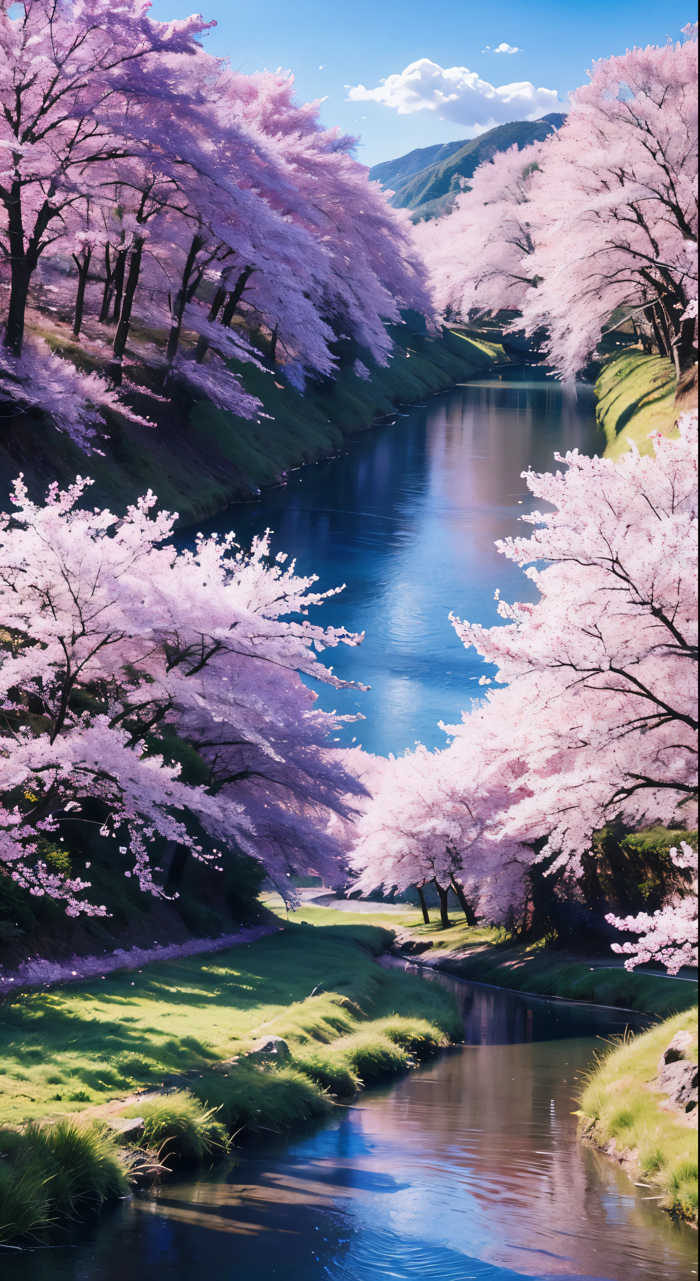 Draw a river with a small village, anime beautiful peace scene, very beautiful landscape, landscape artwork, landscape art detail, very beautiful digital art, beauty of natural landscape, beautiful art UHD 4 K, very beautiful photos, beautiful nature, landscape wallpaper, really beautiful nature, beautiful digital artwork, beautiful background, cherry blossom trees, anime style