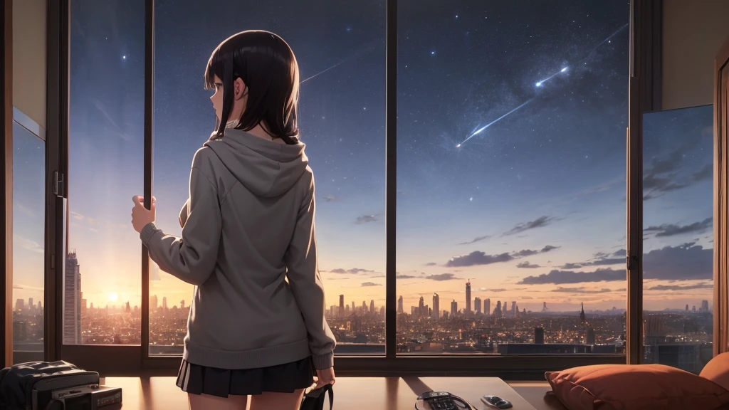Ultra-high resolution, 8k, (Official Art, beautifully、mysterious:1.2), Anime Art Wallpaper, Works by Makoto Xin Haicheng, Lofi Art Style, Lo-fi feel, Perfect human body engineering, 1 female, mysteriousな瞳, Oversized hoodie and short skirt, Shiny long black hair, Larger than average bust, Listening to music through headphones, Looking out the window, City Room, A room for music lovers, city view from the window, Impressive cityscape, Bright Sky, meteor, Wide angle, Before dusk