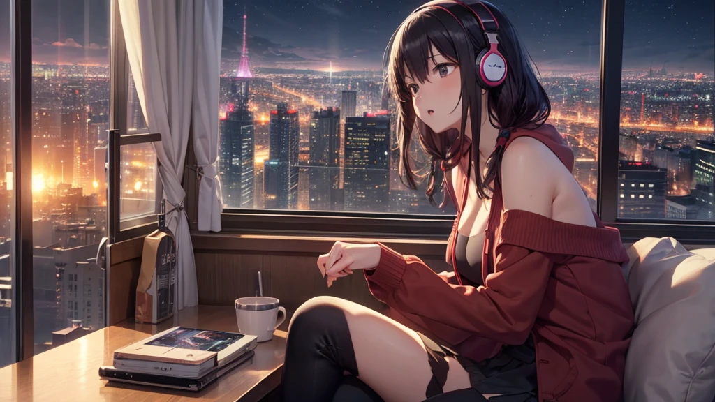 Ultra-high resolution, 8k, (Official Art, beautifully、mysterious:1.2), Anime Art Wallpaper, Works by Makoto Xin Haicheng, Lofi Art Style, Lo-fi feel, Perfect human body engineering, 1 female, mysteriousな瞳, Oversized hoodie and short skirt, Shiny long black hair, Larger than average bust, Listening to music through headphones, Looking out the window, City Room, A room for music lovers, city view from the window, Impressive cityscape, Bright Sky, meteor, Wide angle, Before dusk