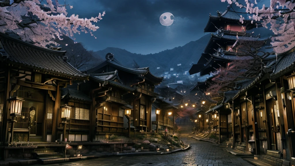 Kyoto、Streetscape、Fantasy、night、moon、cherry blossomachiya、Early 20th century Japanese cityscape、Old city、