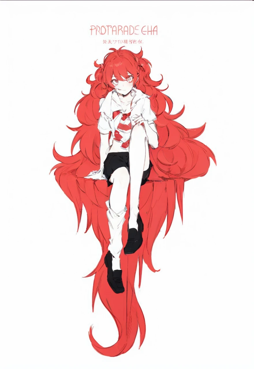 anime girl with long red hair sitting on a chair, an anime drawing inspired by Ib Eisner, tumblr, shin hanga, yandere. tall, fire!! full body, digital art from houseki no kuni, akane owari danganronpa, red aura, anime full body illustration, with curly red hair, gapmoe yandere, she has red hair