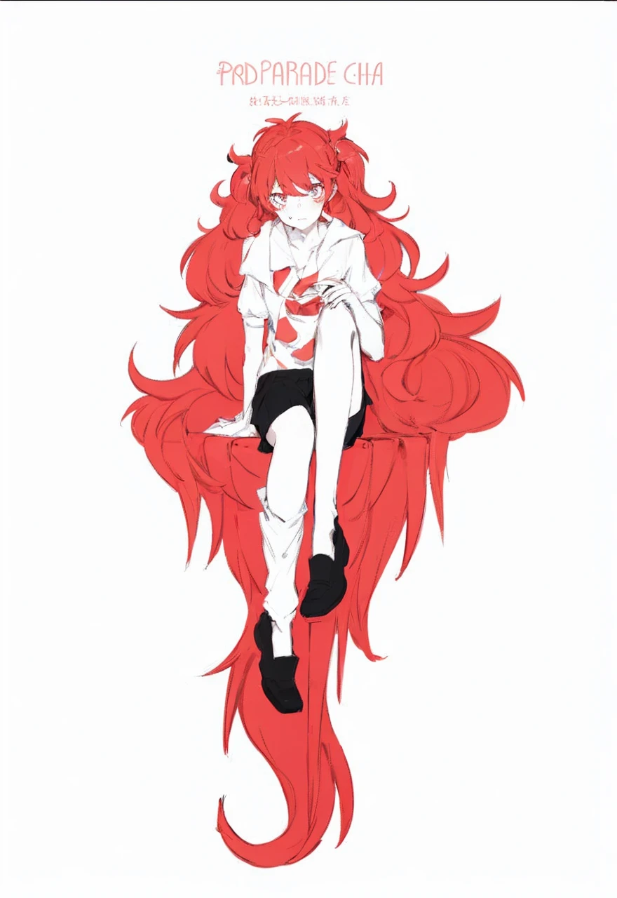 anime girl with long red hair sitting on a chair, an anime drawing inspired by Ib Eisner, tumblr, shin hanga, yandere. tall, fire!! full body, digital art from houseki no kuni, akane owari danganronpa, red aura, anime full body illustration, with curly red hair, gapmoe yandere, she has red hair