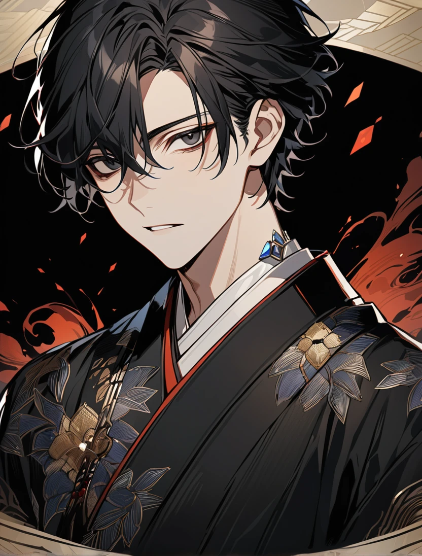 Handsome boy with short hair(black color hair:1.5),Red clothes,With ornaments,The body is entangled in flames(Ring of Fire),style of anime,Handsome and dashing(Handsome),Attractive temperament,Impeccable。