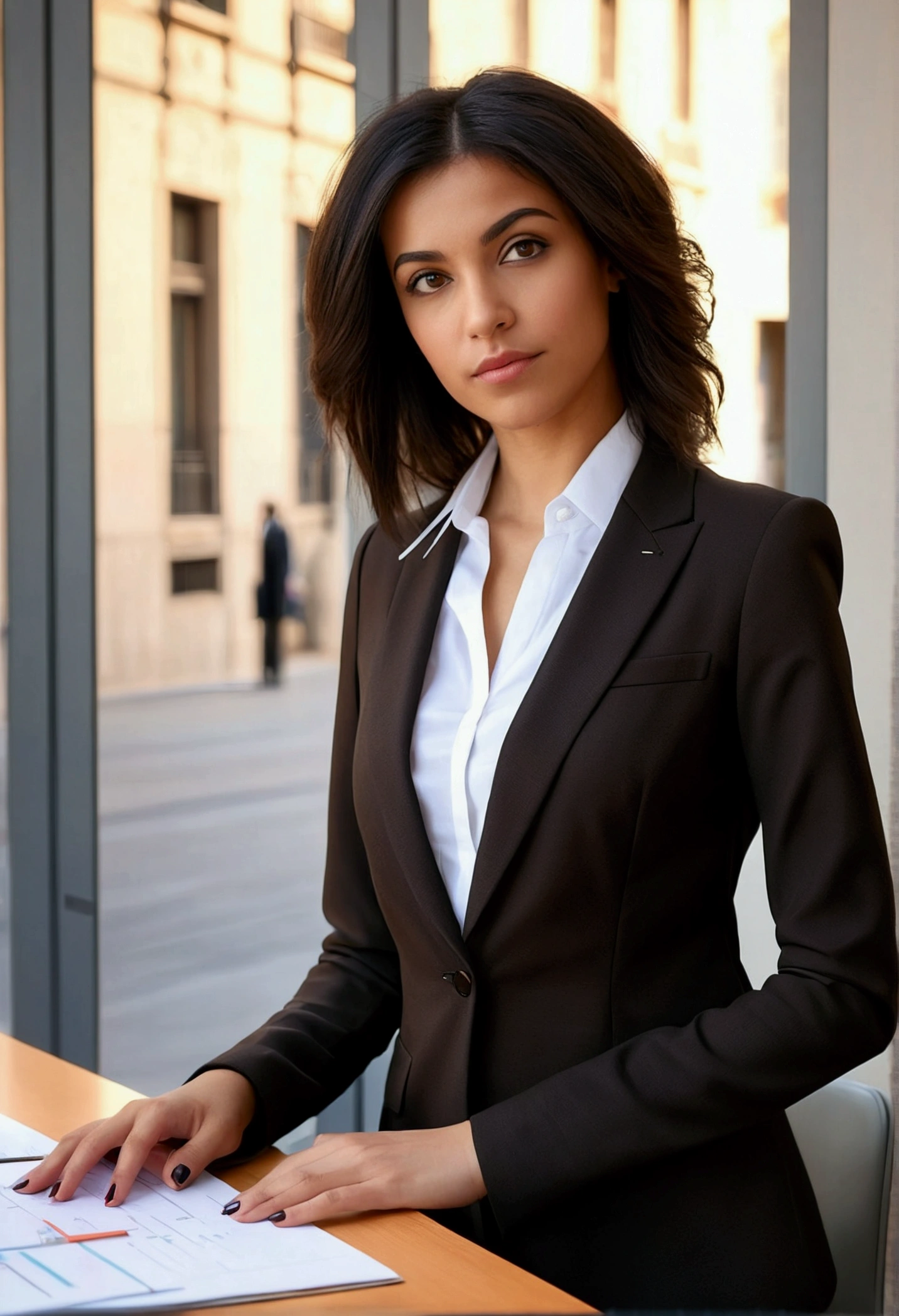 professional, (4k photo:1.1), (Dittmann Anna:0.3), (Arian Mark:0.3), (Sharp focus:1.3), high detail, wearing trendy business clothes, beautiful detailed face, brown girl, hazel eyes, black shoulder length hair, body shape, office with desk, with windows showing diagonal avenue of Barcelona