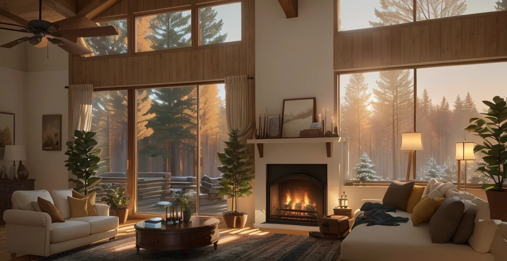 There is a living room with a fireplace and large windows, Warm indoors, Cozy living room, A ceiling fan, VRay Lighting, V-Ray, V-Ray, vray 8k rendering, Warm light indoors, Realistic physically based rendering, Unreal Engine photorealistic rendering, V-Ray, Vray rendering, Natural indoor lighting, vray 4k rendering, natural window lighting fireplace