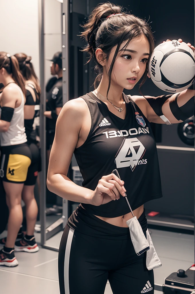 (Masterpiece,of the highest quality,超High resolution),japanese woman, (((Very beautiful girl of 25 years))), Pretty girl、look at the photographer、 ((beautiful low ponytail)), super cute face, bright lips, double eyelids in both eyes,natural smile、 Natural makeup, long eyelashes, Shiny and soft hair、central image, perfect limbs, perfect anatomy,(((Sleeveless basketball uniform)))、,(wet with sweat),,turn around and look back
