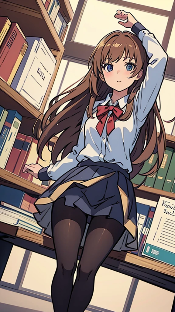 Pantyhose,high school girl,Angle from below,Crouching,library,