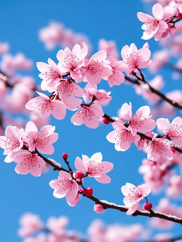 a close up of a branch with pink flowers covered in snow, a photorealistic painting by Wen Boren, trending on pixabay, digital art, flower blossoms, sakura flowers, cherry blossom, flowers and blossoms, blossom sakura, sakura flower, cherry blossoms, plum blossom, sakura bloomimg, blooming flowers, blossoming, magical flowers, blossoms