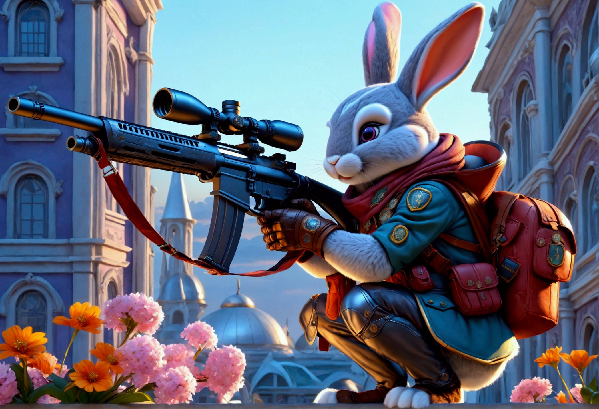 (Close-up of anthropomorphic bunny on roof and aiming with elite sniper rifle:1.3), (rifle has ornate handle:1.1), (stylish high-neck military jacket:1.1), (leather gloves:1.1), (pants with pockets:1.2), (iron helmet:1.2), (background is futuristic city with flowers in front:1.1), (beautiful twilight:1.2), (futuristic architecture with intricate Martian design:1.2), bright colors, masterpiece in maximum 16K resolution, best quality, ultra detailed, aesthetics, absurdes.