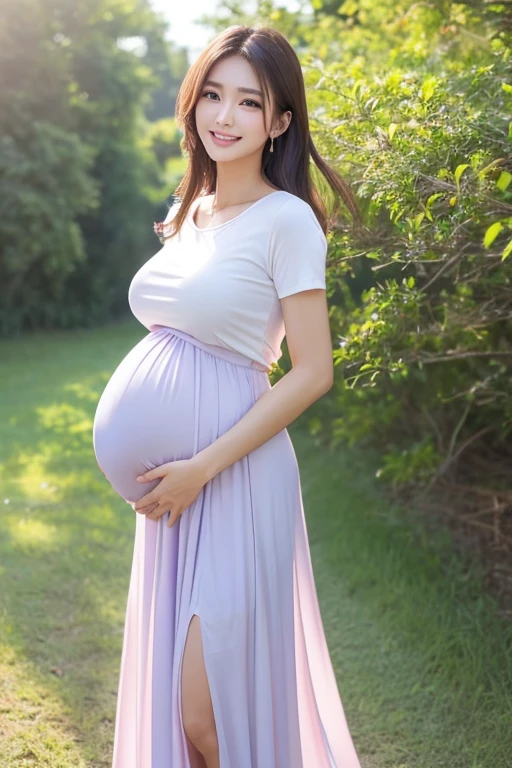 (highest quality、masterpiece、8k、best image quality、hyper realism、Award-winning work)、1 pregnant woman、(独奏:1.1)、(1 photo:1.1)、(Height: 140cm:1.1)、(low length:1.1)、(ta:1.1)、(Feminine and girly cute accessories:1.1)、(フェミニンでガーリーな可愛いLolita少女:1.1)、(Elegant pastel light blue T-shirt:1.1)、(Pastel light pink berry long flare skirt:1.1)、(late pregnancy:1.2)、Standing gracefully、(Random beautiful nature scenery background:1.1)、(Spectacular and mysterious scenery:1.1)、(beautiful clear sky:1.1)、(beautiful thunder clouds:1.1)、Full body photo of a woman standing gracefully with the biggest smile looking at me、accurate anatomy、perfect makeup、long eyelashes、glossy lips、Ultra high definition glossy skin、(Ultra-high definition bright and beautiful skin:1.1)、Ultra-high definition glossy lips、Super high definition beautiful teeth