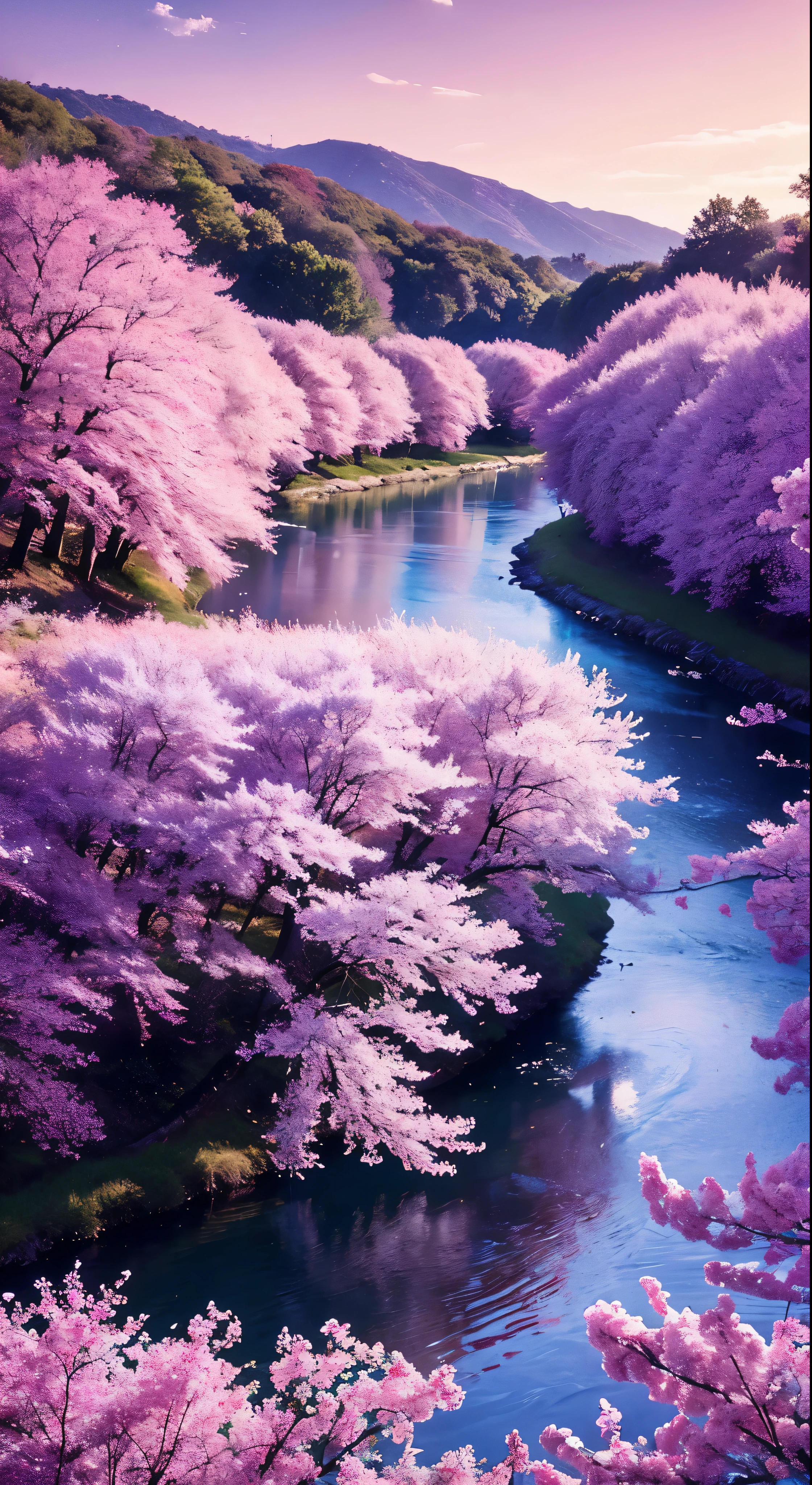 Draw a river with a small village, anime beautiful peace scene, very beautiful landscape, landscape artwork, landscape art detail, very beautiful digital art, beauty of natural landscape, beautiful art UHD 4 K, very beautiful photos, beautiful nature, landscape wallpaper, really beautiful nature, beautiful digital artwork, beautiful background, cherry blossom trees, anime style