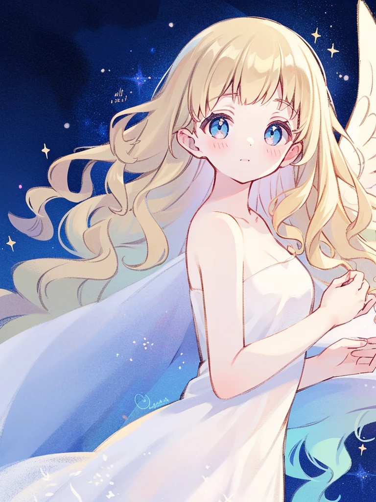 nude angel girl wearing an ethereal translucent dress, pale skin, ((blue mint wavy hair)), white feathers, angel wings, sparkling detailed eyes, golden ratio face, perfect composition, highly detailed, ethereal, (starry night sky background), midjourney style